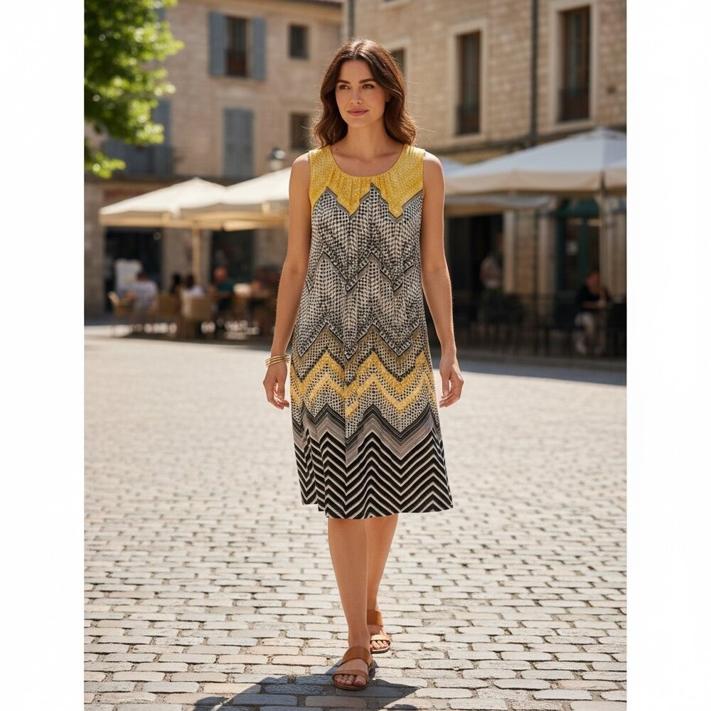 Perceptions New York Sleeveless Shift Dress Sz M Yellow Black White #245K